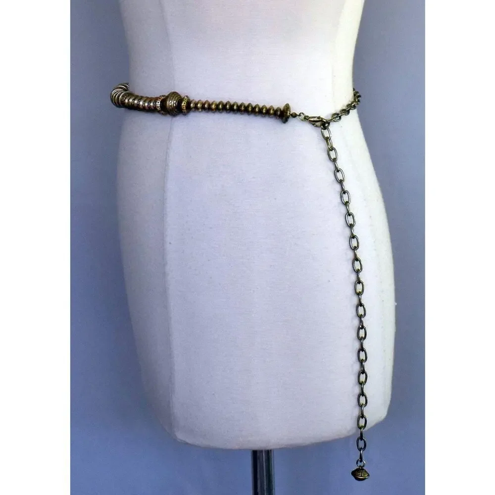 Vintage 90s Brass Tone Metal Mixed Oval Beads Chain Link Belt, One Size Fits All